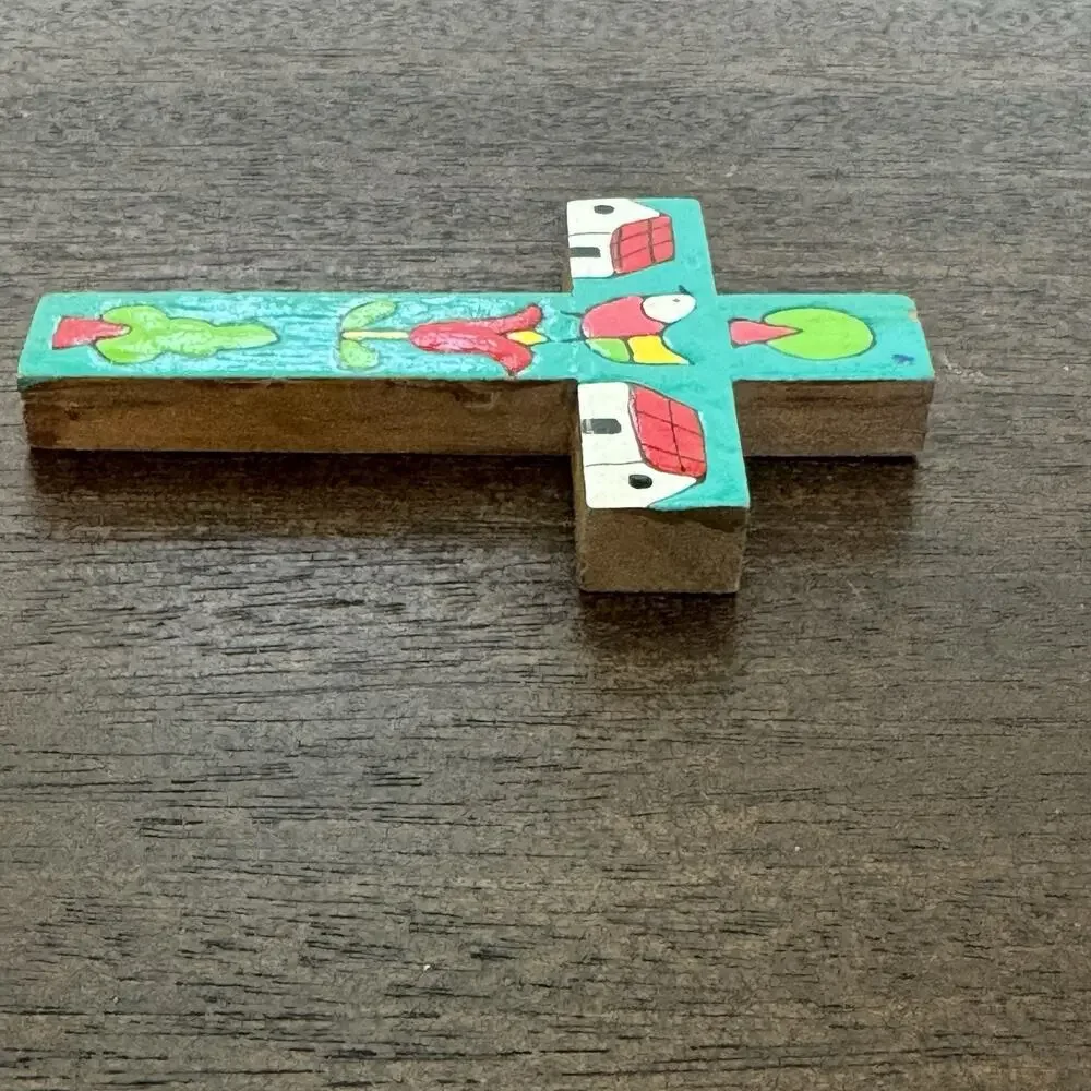 Cross El Salvador Vtg Handmade Turquoise Bird Floral Folk Art Artisan Religious